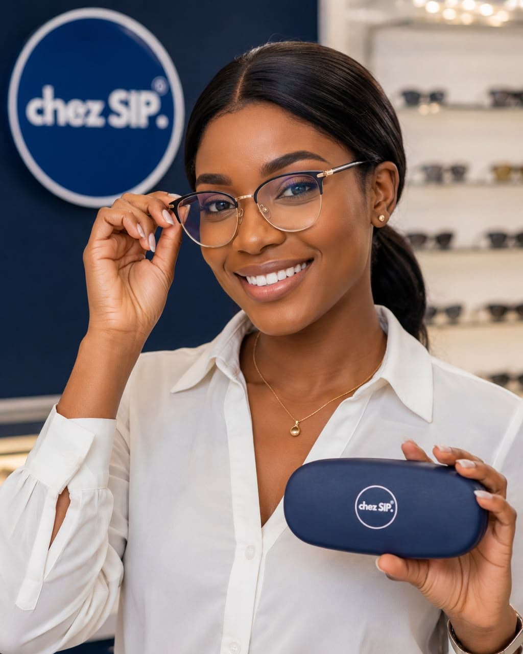 Cliente chez SIP essayant une monture, étui SIP à la main